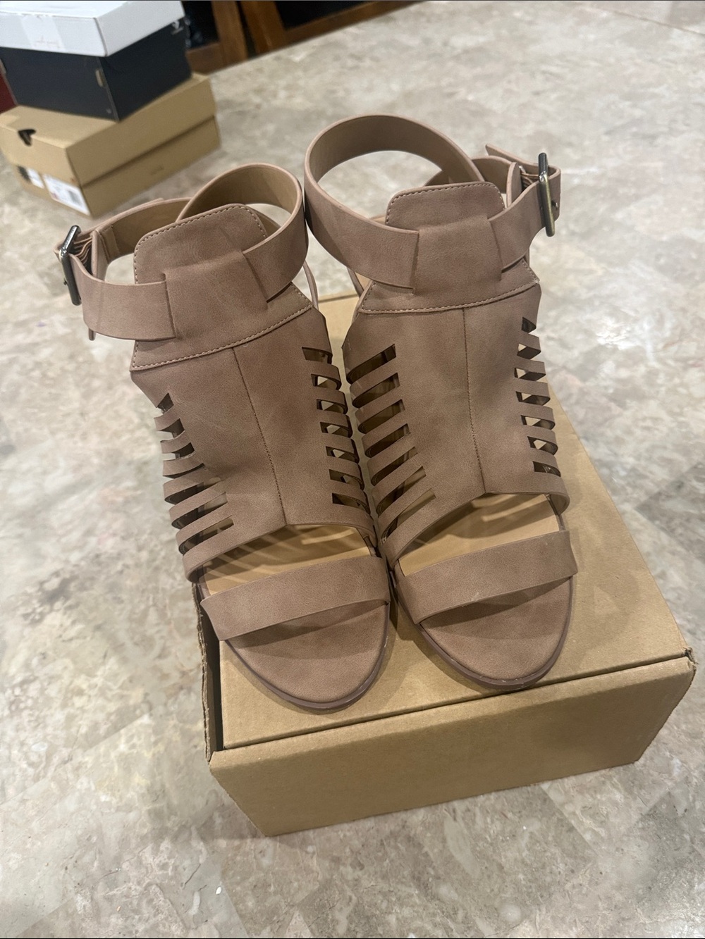 Soda Taupe Strappy Cutout Ankle-Heel Sandals